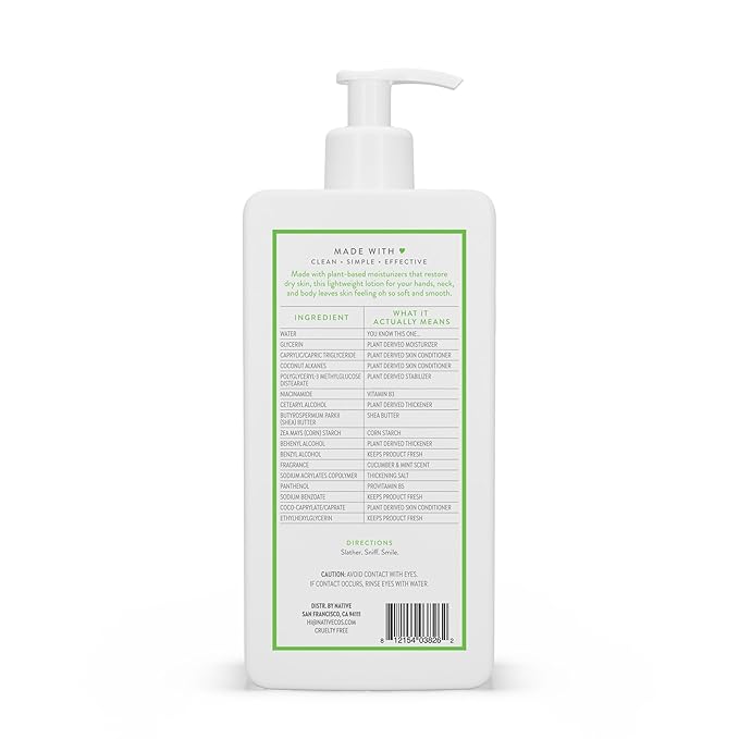 Native Body Lotion Contains Naturally Derived Plant-Based Moisturizers for Women and Men | Restores Dry Skin, Cucumber & Mint, 16.5 fl oz
