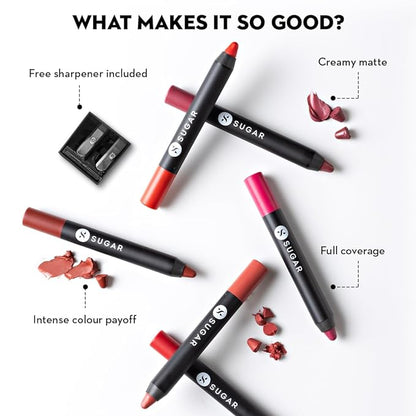 SUGAR Cosmetics Matte As Hell Crayon Lipstick - 15 Stephanie Plum (Plum Mauve) with Sharpener Highly Pigmented, Creamy Texture, Long Lasting Matte Finish