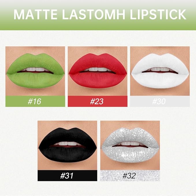 evpct 5Pcs Black Green Red White Silver White Matte Liquid Lipstick Lip Stain Sets for Women Matte+Lipstick Long Lasting 24 hr Hours Magic Lipstick 24 Hours original Smudge Waterproof Set07