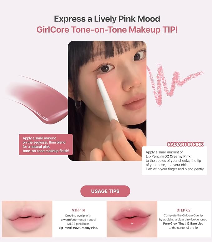 Heart Percent Dote On Mood Overlip Pencil & Stain Duo Set, Long-Lasting Creamy Lip Crayon & Pure Glow Tint Dewy Moisturizing Liquid Lipstick, #GirlCore Overlip Set