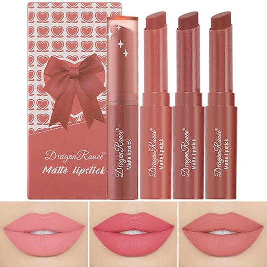 3 Colors Red Tube Lipstick, Cigarette Lipstick Set, Labiales Mate Velvet Lipstick Moisturizer & Smooth, Long Lasting 24 Hours Waterproof (Set B)