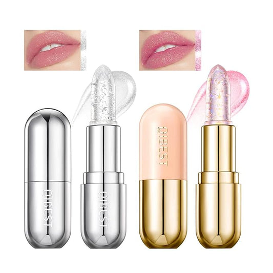 2Pcs Glimmer Crystal Jelly Color Changing Lipstick,Long Lasting Glimmer