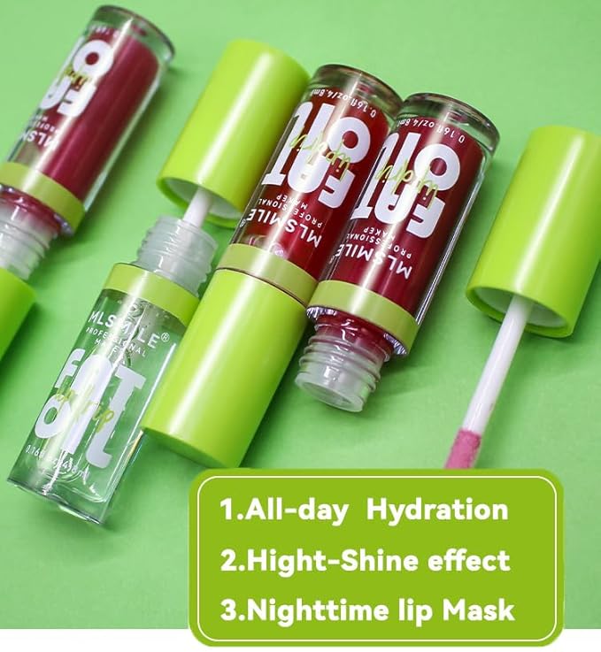 4 Colors Lip Oil Lip Glaze, Big Brush Head Hydrating Lip Glow Oil, Shiny Transparent Lip Gloss Plumping, Smooth Glossy Finish Clear Tint Shiny and Vegan, Moisturizing Non-Sticky Formula