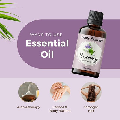 White Naturals Organic Rosemary Essential Oil, 100% Pure & Natural, 1 Fluid Ounce, Aromatherapy, Vegan, Non-GMO, Strengthening, Conditioner, DIY Soap Making