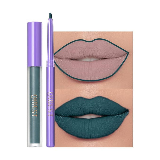 2 Pcs Halloween Dark Matte Liquid Lipstick + Lip Liner Pens Sets, 8 Colors High Pigmented Goth Sexy & Bold Lip Gloss, 24H Waterproof Long-lasting Matte Lipstick , Non-Stick Cup Velvety Lip Makeup for Women (Green)