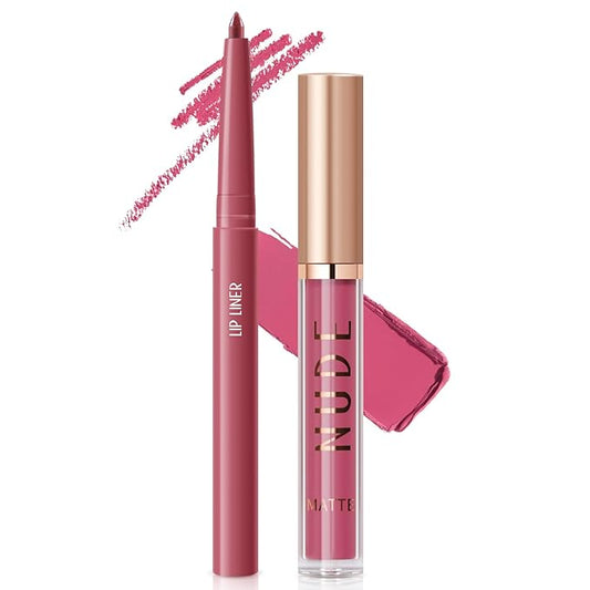 2Pcs Matte Liquid Lipstick and Lip Liner Set,Waterproof Gloss