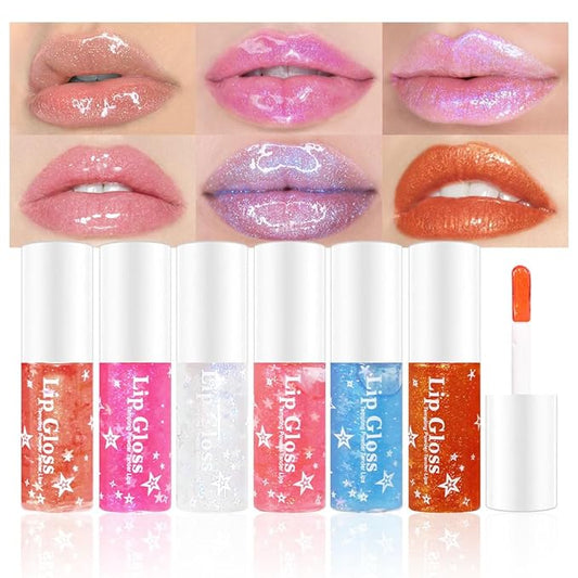 6 Pcs Hydrating Sparkly Lip Oil Lip Gloss,Moisturizing Hydrating