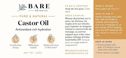 BARE BOTANICS 100% Pure Castor Body Oil 16 oz - Hexane Free & Natural for All Over Moisturization - Multipurpose Carrier Oil for DIY - Hydrate Dry Skin, Hair & Body - Vegan & Cruelty Free Beauty
