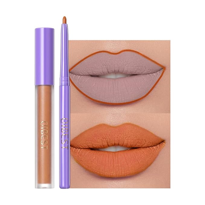 2 Pcs Halloween Dark Matte Liquid Lipstick + Lip Liner Pens Sets, 8 Colors High Pigmented Goth Sexy & Bold Lip Gloss, 24H Waterproof Long-lasting Matte Lipstick , Non-Stick Cup Velvety Lip Makeup for Women (Orange)