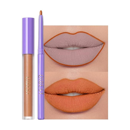 2 Pcs Halloween Dark Matte Liquid Lipstick + Lip Liner Pens Sets, 8 Colors High Pigmented Goth Sexy & Bold Lip Gloss, 24H Waterproof Long-lasting Matte Lipstick , Non-Stick Cup Velvety Lip Makeup for Women (Orange)