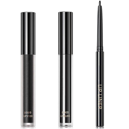 3 Pcs Lip Liner and Lipstick Set,Waterproof Black Liner,Long