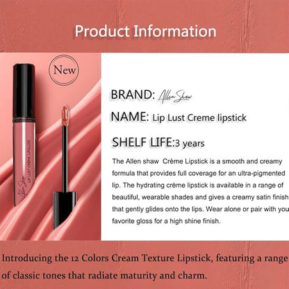 12 Color Cream Lip Gloss, Sexy Women Lipstick,