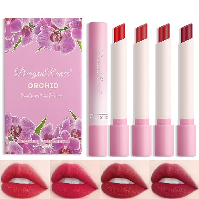 4 Colors Tube Cigarette Lipstick Set, Mate Velvet Lipstick Moisturizer & Smooth, Red Lip Stain Long Lasting 24 Hours Waterproof Lip Tinet (Set A)