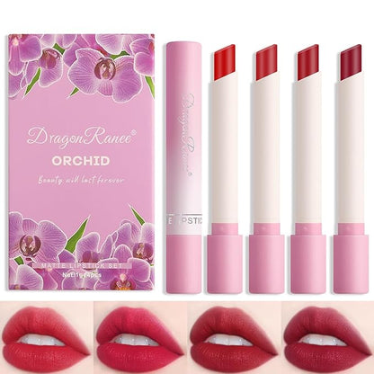 4 Colors Tube Cigarette Lipstick Set, Mate Velvet Lipstick Moisturizer & Smooth, Red Lip Stain Long Lasting 24 Hours Waterproof Lip Tinet (Set A)