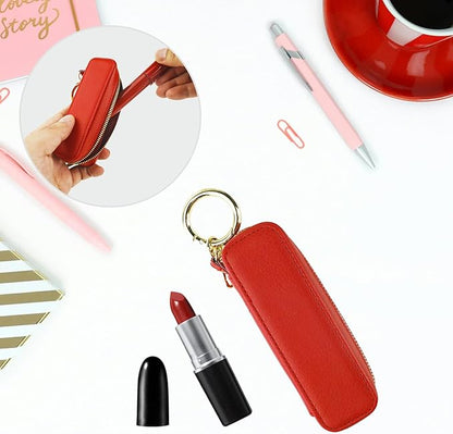 Bocasal Leather Lipstick Case Holder Chapstick Keychain Pouch, Zipper Lip Balm Lip Gloss Bag for Purse with Key Chain Elastic Band, Makeup Travel Organizer, Cosmetic Storage Kit for Women Girls (Red)