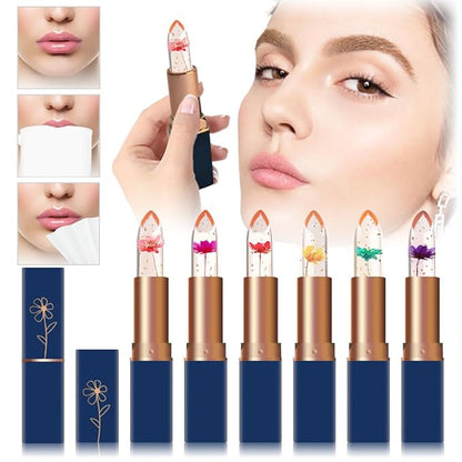6 Pcs Crystal Flower Jelly Lipstick,Moisturizing Long Lasting Lipstick,Moisturizing