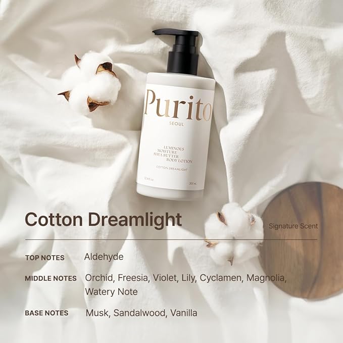 PURITO Luminous Moisture Shea Butter Body Lotion, Shea Butter, Gentle on Skin, Moisturizing, Dry Skin, Pump Bottle, K-Beauty, 300ml / 10.14 fl. oz. (Cotton Dreamlight, 10.14 fl. oz.)