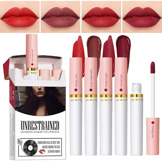 4 Colors Lipstick, Matte Liquid Lip Gloss Set, Long Lasting & Waterproof Natural Tube Red Lip Gloss Ingredients & Non-Sticky Lip Tint (Set C)