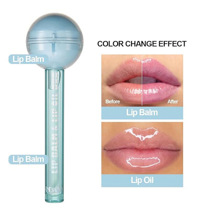 Lip Gloss and Lip Balm Combo, Magic pH Color Changing Lipstick & Vitamin E Clear Lip Oil Combo, Hydrating Plumping Lip Care Product for Girls(Blue)