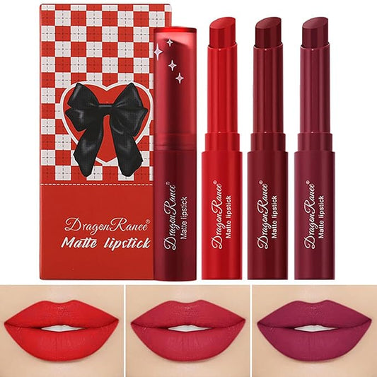 3 Colors Red Tube Lipstick, Cigarette Lipstick Set, Labiales Mate Velvet Lipstick Moisturizer & Smooth, Long Lasting 24 Hours Waterproof (Set D)
