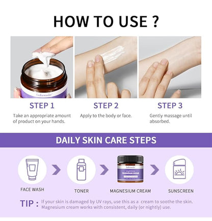 Magnesium Cream, Nighttime Relief Revitalizes Leg Arms or Chest Muscle Muscle Relaxation Care Magnesium Lotion.(Lavender)