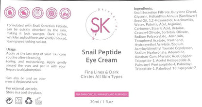Snail Peptide Eye Cream with 73.7% Snail Mucin and Niacinamide- Brightening Korean Night Cream for Fine Lines and Dark Circles, 30ml / 1 FL Oz