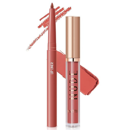 2Pcs Matte Liquid Lipstick and Lip Liner Set,Waterproof Gloss