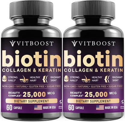 Biotin with Hyaluronic Acid, Collagen and Keratin – 25000 mcg Hair Growth Vitamins for Men and Women – Nails and Skin, USA Made - Third Party Tested, B1, B2, B3, B6, B7 Complex - 120 Capsules
