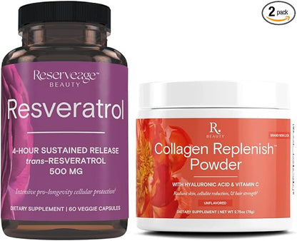 Reserveage Resveratrol & Collagen Replenish Powder - Resveratrol & Collagen Supplement with Hyaluronic Acid and Vitamin C - 60 Resveratrol Capsules, 2.75-Ounce Collagen Powder