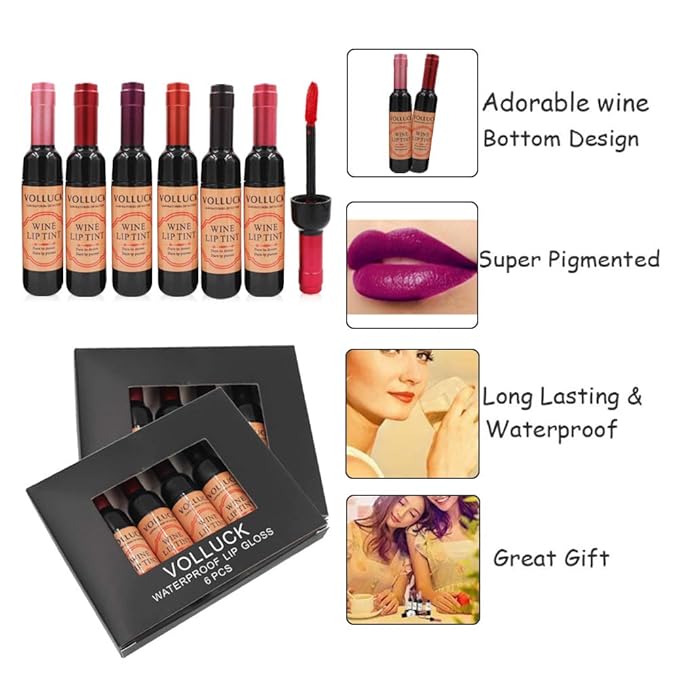 VOLLUCK Wine Liquid Lipstick Gloss, Lip Tint Waterproof Gloss,