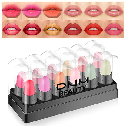 evpct 12Pcs Capsule Pills Lipstick Mini Lip Stick Set Packs for Women,3 Changing Color Jelly Magic Lipstick,3 Strawberry Mint Apple Flavor Lip Balm,3 Matte Lipstick,3 Metallic Lipstick