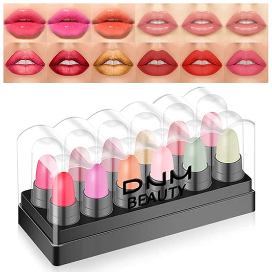 evpct 12Pcs Capsule Pills Lipstick Mini Lip Stick Set Packs for Women,3 Changing Color Jelly Magic Lipstick,3 Strawberry Mint Apple Flavor Lip Balm,3 Matte Lipstick,3 Metallic Lipstick