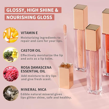 Oulac Glitter Hydrating Lipgloss Set with Mirror Finish Moisturizing & Reduce Fine Lines Lip Oil Refuse Chapped Lips Non Sticky Lip Gloss for Girls Women, 4.5ml/0.15fl.oz,Pink Glam(C06)