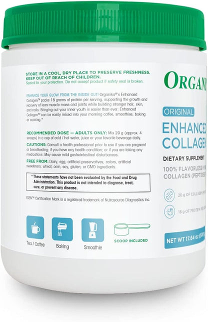 Organika Enhanced Hydrolyzed Collagen Peptides Powder: Easy Absorption Unflavored Collagen Powder for Skin, Hair, Nails, Joints, Muscles, & Gut - Keto, GMO-Free, Grass-Fed - 25 Day Supply