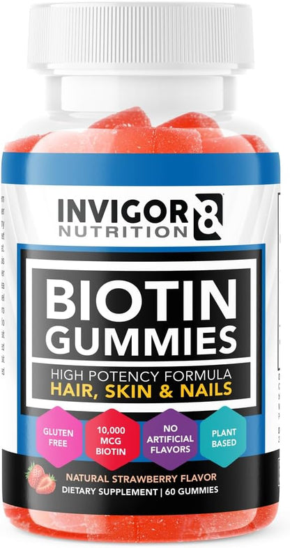 INVIGOR8 Biotin Gummies 10000mcg | Hair Skin Nails Vitamins Biotin Supplement for Women Men & Kids 5000mcg x2 | Vegan Kosher Halal | Strawberry Flavor | 60