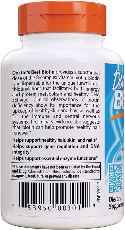 Doctor's Best Biotin Supports Hair, Skin, Nails, Boost Energy, Nervous System, Non-GMO, Vegan, Gluten Free, 120 Count