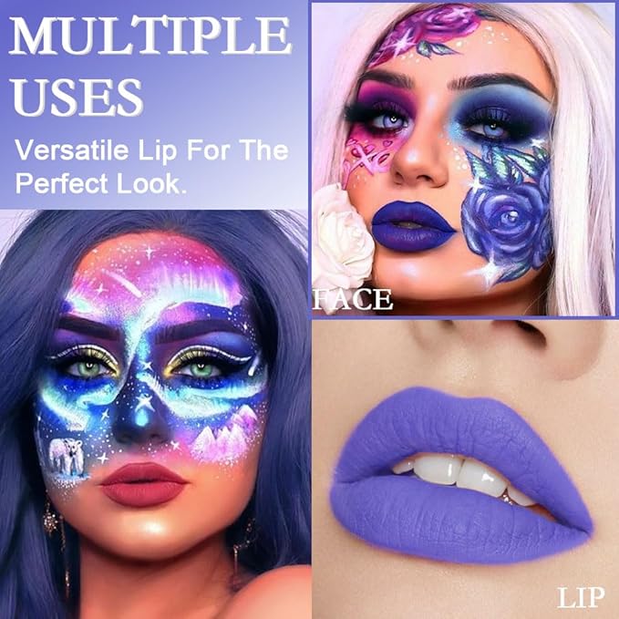 evpct 5Pcs Dark Light Blue Plum Purple Red Violet Matte Liquid Lipstick Lip Stain Sets for Women Matte+Lipstick Long Lasting 24 hr Hours Magic Lipstick 24 Hours original Waterproof Set02
