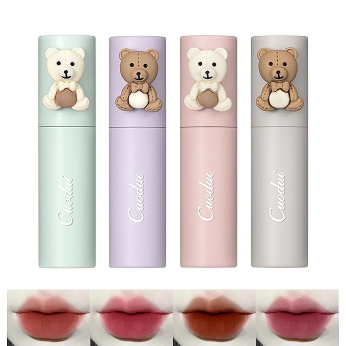 4PCS Bear Matte Velvet Lipstick, Waterproof Long Lasting Lip Gloss Lip Stain, Non Stick Cup Easy Coloring Liquid Lipstick,Moisturizing Velvet Face Lip Mud