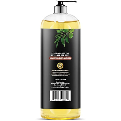MAJESTIC PURE Sweet Almond Oil, Triple A Grade Quality, Pure and Natural from Spain, Cold Pressed, (Packaging May Vary) - 16 fl. Oz