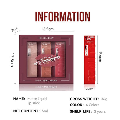 6 Colors Matte Liquid Lipstick Set, Velvet Smooth Gloss,