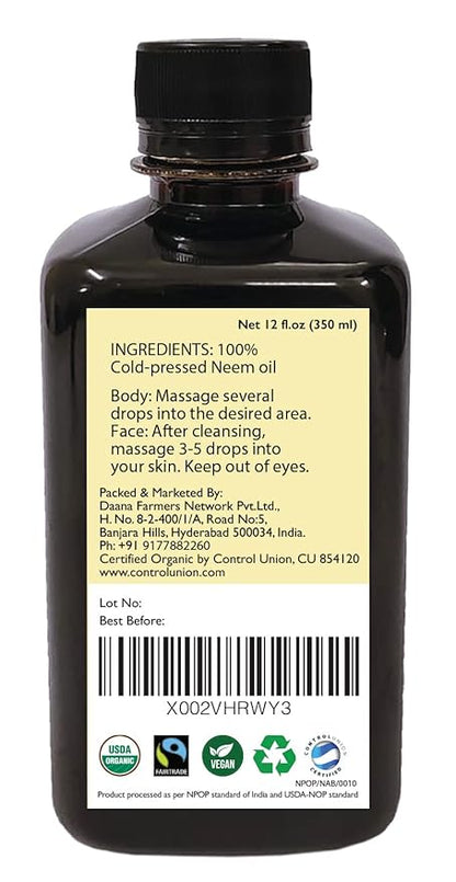 DAANA Neem Oil for Skin and Hair: Certified USDA Organic, Extra Virgin, Cold Pressed (12 Fl Oz)