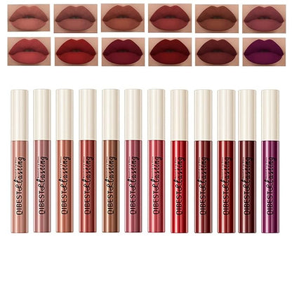 12Pcs Matte Liquid Lipstick Set, Dark Bright Red 24-hour Lip Gloss Kit Long-Lasting Waterproof Lip Stain Non-Stick Cup Not Lipgloss Set for Women