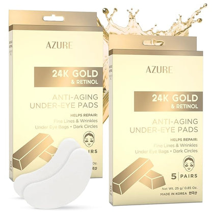 AZURE 24K Gold & Retinol Anti Aging Under Eye Patches - Firming, Restoring & Deeply Hydrating Eye Mask - Reduces Fine Lines, Wrinkles, Dark Circles & Puffiness - Skin Care Made in Korea - 10 Pairs