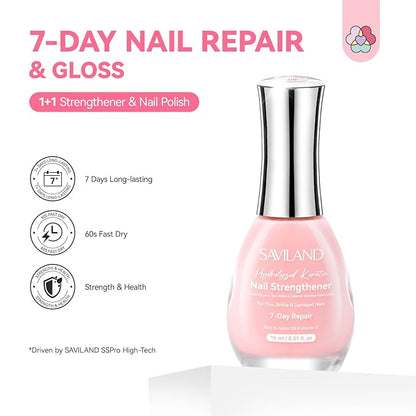 SAVILAND Advanced Nail Strengthener: Pink Air Dry Natural Concealer Foundation Polish Nail Growth for Damaged Nails Repair Weak & Thin Nails with Castor Oil & Vitamin E 15ml Women Gift