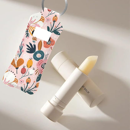 Pink Abstract Flowers Chapstick Holder Keychain, Portable Lip Gloss