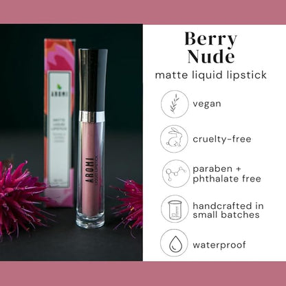 Aromi Matte Liquid Lipstick | Long-Lasting, Waterproof, Smear, Smudge + Transfer Proof, Dusty Rose Lip Color, Nude Shade, Vegan Makeup (Berry Nude)