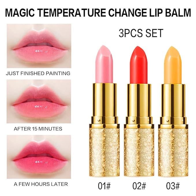 3 Pcs Waterproof Color Changing Lipstick - Glossy Finish, Moisturizing, Long Lasting, Adjustable Color Depth