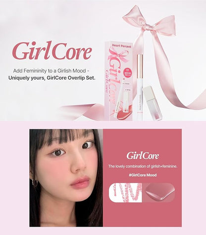 Heart Percent Dote On Mood Overlip Pencil & Stain Duo Set, Long-Lasting Creamy Lip Crayon & Pure Glow Tint Dewy Moisturizing Liquid Lipstick, #GirlCore Overlip Set