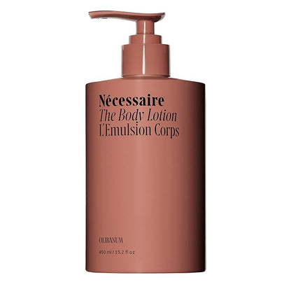Nécessaire The Body Lotion with Pump. Olibanum. Multi-Peptide Firming to Moisturize + Strengthen. 2.5% Niacinamide, Vitamin C/E + Omega 6/9. Notes of Vanilla, Fig Leaf, & Cassis Buds. 450ml/15.2 fl oz
