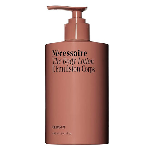 Nécessaire The Body Lotion with Pump. Olibanum. Multi-Peptide Firming to Moisturize + Strengthen. 2.5% Niacinamide, Vitamin C/E + Omega 6/9. Notes of Vanilla, Fig Leaf, & Cassis Buds. 450ml/15.2 fl oz